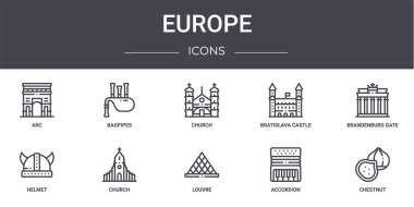 Avrupa konsept çizgisi simgeleri ayarlandı. Gayda, bratislava kalesi, miğfer, louvre, akordiyon, kestane, Brandenburg kapısı, kilise gibi ağ, logo, ui / ux gibi simgeler içerir.