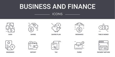 İş ve finans konsept çizgisi simgeleri ayarlandı. Web, logo, ui / ux gibi tasarruf, sigorta, sigorta, vergi, cüzdan, ödeme yöntemi, zaman para, tasarruf planı gibi simgeler içerir