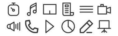 12 adet doğrusal kullanıcı arayüzü simgesi. Sunum, pasta grafiği, telefon, düğme, dokunmatik ped, web için şarkı, cep telefonu gibi ince taslak simgeleri