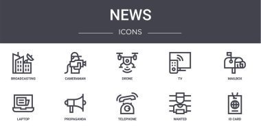 Haber konsepti simgeleri ayarlandı. Web, logo, ui / ux, kameraman, TV, laptop, telefon, aranıyor, kimlik kartı, posta kutusu, drone gibi simgeler içerir