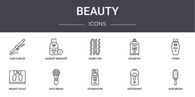 Güzellik konsepti simgeleri ayarlandı. Ağ, logo, makyaj giderici, şampuan, ağırlık ölçeği, temel, deodorant, saç fırçası, toner, toka gibi simgeler içerir