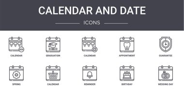 Takvim ve tarih çizelgesi simgeleri ayarlandı. Web, logo, ui / ux, mezuniyet, randevu, bahar, hatırlatıcı, doğum günü, düğün günü, garanti, takvim gibi simgeler içerir