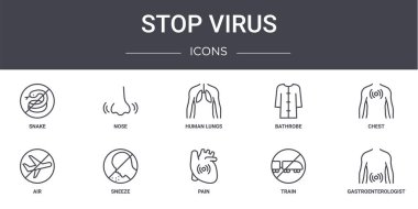 Virüs konsept çizgisi simgelerini durdur. Ağ, logo, burun, bornoz, hava, acı, tren, gastroenterolog, göğüs, insan ciğerleri gibi simgeler içerir
