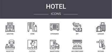 Otel konsept çizgisi simgeleri ayarlandı. Web, logo, ui / ux, tarak, anahtar, resepsiyon, akıllı telefon, klima, anahtar kartı, valiz, kasa gibi simgeler içerir