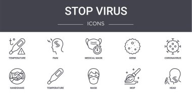 Virüs konsept çizgisi simgelerini durdur. Ağ, logo, acı, mikrop, tokalaşma, maske, paspas, kafa, koronavirüs, tıbbi maske gibi simgeler içerir