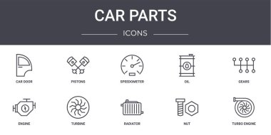 Araba parçaları konsept çizgisi simgeleri ayarlandı. Ağ, logo, piston, yağ, motor, radyatör, fındık, turbo motor, vites, hız göstergesi gibi kullanılabilir simgeler içerir