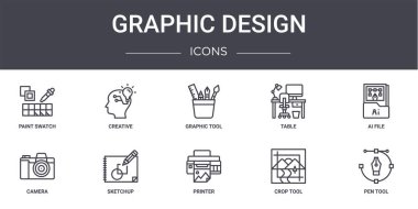Grafik tasarım konsept çizgisi simgeleri ayarlandı. Web, logo, ui / ux, yaratıcı tablo, kamera, yazıcı, ekin aracı, kalem aracı, ai dosyası, grafik aracı gibi simgeler içerir