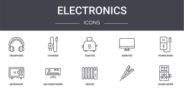 Elektronik konsept çizgi simgeleri ayarlandı. Web, logo, ui / ux, şarj cihazı, monitör, mikrodalga, ısıtıcı, ses karıştırıcı, güç bankası, tost makinesi gibi simgeler içerir
