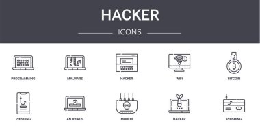 Hacker konsept çizgisi simgeleri ayarlandı. Web, logo, ui / ux gibi kötü amaçlı yazılım, wifi, phishing, modem, hacker, phishing, bitcoin, hacker gibi simgeler içerir