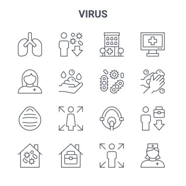 16 virüs konsept vektör çizgisi simgesi. 64x64 İnce vuruş simgeleri örneğin virüs, sağlık görevlisi, el yıkama, vantilatör, ev ofisi, hemşire, enfeksiyon kapmış enfeksiyon, sağlık hizmetleri