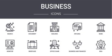 İş konsepti simgeleri ayarlandı. Web, logo, ui / ux, belge, diploma, monitör, ofis koltuğu, iş ve finans, fikir, banka, bina gibi simgeler içerir