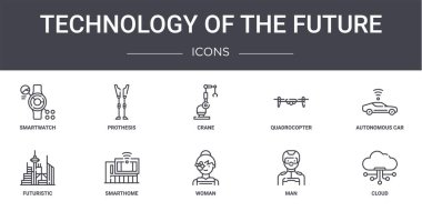 Gelecekteki konsept çizgisi simgelerinin teknolojisi. Web, logo, ui / ux, prothesis, quadrocopter, futuristic, woman, man, cloud, otonom araba, vinç gibi simgeler içerir