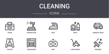 Temizlik konsepti simgeleri ayarlandı. Web, logo, ui / ux, bahçe hortumu, yıkama, dikkat, sabun, çim biçme makinesi, cam, çöp kamyonu, demir gibi simgeler içerir