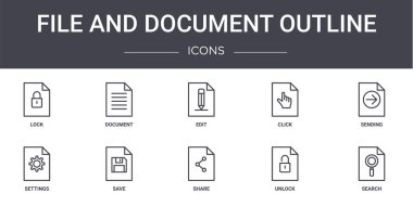 dosya ve belge taslak konsept çizgisi simgeleri ayarlandı. Web, logo, ui / ux, belge, tıklama, ayarlar, paylaşım, kilidi açma, arama, gönderme, düzenleme gibi simgeler içerir