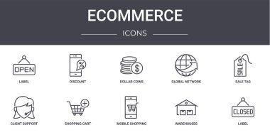 Ecommerce konsept çizgi simgeleri ayarlandı. Web, logo, ui / ux, indirim, küresel ağ, müşteri desteği, mobil alışveriş, depo, etiket, satış etiketi, dolar paraları gibi simgeler içerir