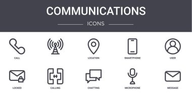 İletişim konsepti simgeleri ayarlandı. Web, logo, ui / ux, akıllı telefon, kilitli, sohbet, mikrofon, mesaj, kullanıcı, konum gibi simgeler içerir