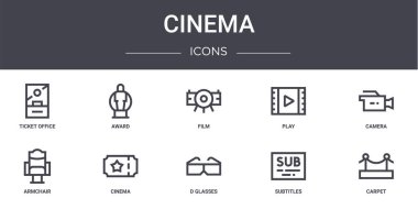 Sinema konsept çizgisi simgeleri. Web, logo, ui / ux, ödül, oyun, koltuk, d gözlüğü, altyazı, halı, kamera, film gibi simgeler içerir