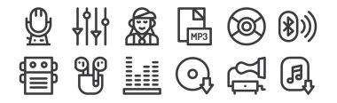 12 tane doğrusal müzik ikonu. Müzik indirme, müzik indirme, hava podları, kompakt disk, rapçi, web için kontroller, mobil