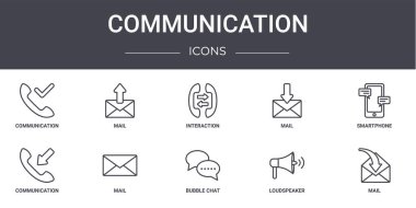 İletişim konsepti simgeleri ayarlandı. Web, logo, e-posta, iletişim, balon sohbeti, hoparlör, posta, akıllı telefon, etkileşim gibi kullanılabilir simgeler içerir