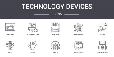 Teknoloji cihazları konsept çizgi simgeleri ayarlandı. Web, logo, uzatma kablosu, fotokopi makinesi, robot, woofer, smartphone, müzik çalar, gitar, sim kart gibi simgeler içerir