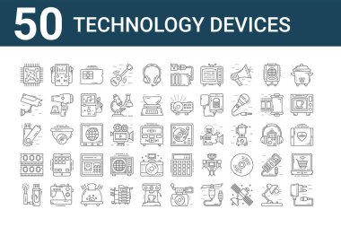 50 adet teknoloji aygıtı simgesi. USB Charger, usb, ram, usb, ccCTV kamera, müzik çalar, vinil gibi ince çizgi simgeleri