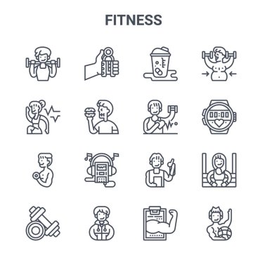 16 fitness konsept vektör çizgisi simgesi. 64x64 elle kavrama, kardiyo, spor saati, koç, spor kıyafeti, vücut geliştirme, tıbbi rapor, kalp atış hızı, egzersiz gibi ince vuruş simgeleri
