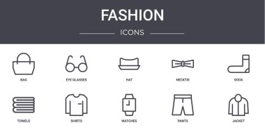 Moda konsepti simgeleri ayarlandı. Web, logo, gözlük, kravat, havlu, saat, pantolon, ceket, çorap, şapka gibi simgeler içerir