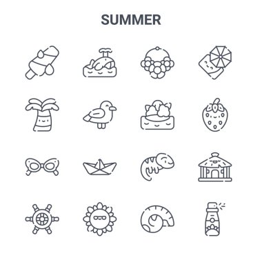 16 yazlık konsept vektör çizgisi simgeleri. 64x64 İnce vuruş simgeleri balina, palmiye ağacı, çilek, bukalemun, güneş kremi, kabuk, ada, plaj şemsiyesi gibi