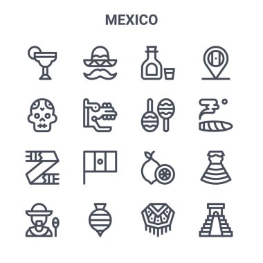 16 Meksika konsept vektör çizgisi simgesi. 64x64 Meksika şapkası, kafatası, puro, kireç, dönen top, chichen itza piramit, panço, marakas, Meksika gibi ince vuruş simgeleri