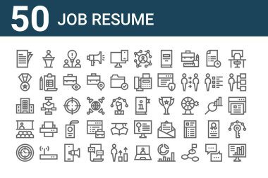 set of 50 job resume icons. outline thin line icons such as computer, time management, seminar, company, medal, speech, manual clipart