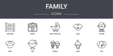 Aile konsept çizgisi simgeleri. Web, logo, ui / ux, aile, bebek, anne, çift, bebek, köpek, baba, bebek arabası gibi simgeler içerir