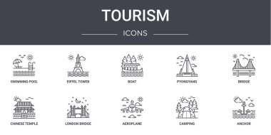 Turizm konsepti simgeleri ayarlandı. Eyfel Kulesi, Pyongyang, Çin tapınağı, uçak, kamp, çapa, köprü, tekne gibi ağ, logo, ui / ux gibi simgeler içerir.