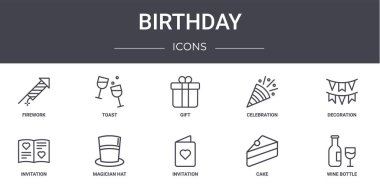 Doğum günü konsepti simgeleri ayarlandı. Web, logo, tost, kutlama, davetiye, davetiye, pasta, şarap şişesi, dekorasyon, hediye gibi simgeler içerir