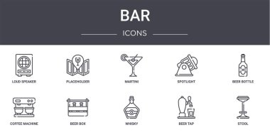 Bar konsepti simgeleri ayarlandı. Web, logo, ui / ux, spot ışığı, kahve makinesi, viski, bira musluğu, tabure, bira şişesi, martini gibi simgeler içerir