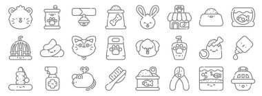 pets line icons. linear set. quality vector line set such as pet carrier, nail clipper, pet brush, pet toy, shop, cat, fish bowl, rabbit, canned food clipart