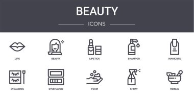 Güzellik konsepti simgeleri ayarlandı. Web, logo, güzellik, şampuan, kirpik, köpük, sprey, bitkisel, manikür, ruj gibi simgeler içerir.