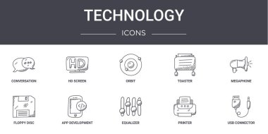 Teknoloji konsepti simgeleri ayarlandı. Web, logo, ui / ux, hd ekran, tost makinesi, disket, eşitleyici, yazıcı, usb bağlantısı, megafon, yörünge gibi simgeler içerir