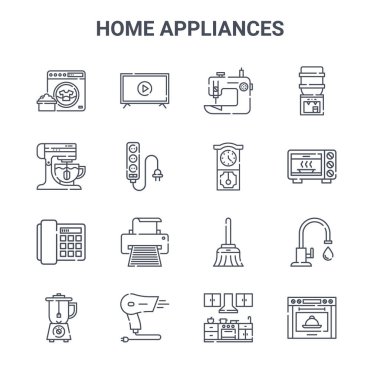 16 ev aletinin konsept vektör çizgisi simgesi. 64x64 Akıllı TV, mikser, mikrodalga fırın, süpürge, saç kurutma makinesi, soba, mutfak, duvar saati, şeker kutusu gibi ince vuruş simgeleri