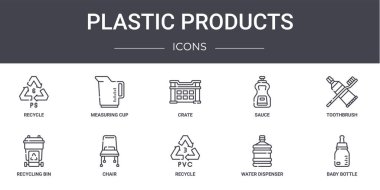 Plastik ürünler konsept çizgisi simgeleri. Ölçüm kabı, sos, geri dönüşüm kutusu, geri dönüşüm kutusu, su dağıtıcısı, bebek şişesi, diş fırçası, sandık gibi web, logo, ui / ux gibi simgeler içerir