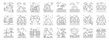 Doğa ve peyzaj çizgisi simgeleri. Doğrusal küme. Tropikal, ağaç, çöl, rüzgar enerjisi, patika, yol, ağaçlar, plaj, piramit gibi kalite vektör çizgisi kümesi