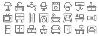 Ev eşyaları çizgisi simgeleri. Doğrusal küme. Kaliteli vektör dizisi: tek yatak, kapı açık, gece standı, buzdolabı, ofis masası, merdiven, lavabo, çamaşır makinesi, şifonyer