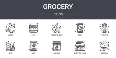 Market konsepti simgeleri ayarlandı. Web, logo, ui / ux, yumurta, içecek, tuz, reçel kavanozu, alışveriş merkezi, brokoli, ananas, peynir gibi simgeler içerir