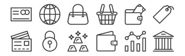 12 set doğrusal bankacılık ve düz simge finansmanı. Banka, cüzdan, kilit, cüzdan, el çantası, internet, cep telefonu gibi ince taslak simgeleri