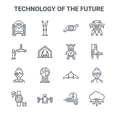 Gelecekteki konsept vektör çizgisi simgelerinin 16 teknolojisinden oluşan bir set. 64x64 İnce vuruş simgeleri örneğin protez, elektrik yükü, uçan ayakkabılar, uav, jet pack, bulut, rüzgar enerjisi, robot, robot
