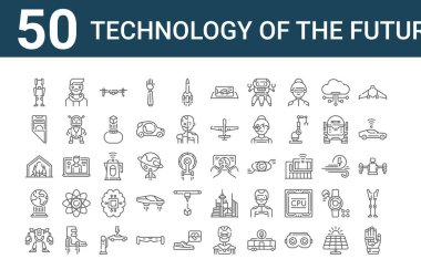 Gelecekteki simgelerin 50 teknoloji seti. Eldiven, robot, hologram, kubbe, katlanabilir telefon gibi ince çizgi simgeleri.