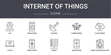 Nesnelerin internet konsept çizgisi simgeleri. web, logo, ui / ux, akıllı telefon, kamera drone, laptop, sunucu, akıllı telefon, akıllı çamaşır makinesi, bulut sunucusu, anten gibi simgeler içerir