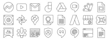 Google süit satırı simgelerini ara. Doğrusal küme. google docs, google, group, maps, drive, youtube gibi kalite vektör çizgisi kümesi