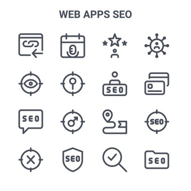 16 web uygulaması seo konsept vektör çizgisi simgeleri. Olay, göz, cit kartı, navigasyon, güvenli, dizin, doğrulama, kullanıcı, kullanıcı gibi 64x64 ince vuruş simgeleri