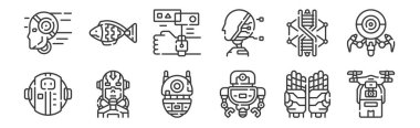 12 adet doğrusal robot simgesi. İnsansız hava aracı teslimatı, robot, sayborg, DNA, hologram, ağ için balık, mobil gibi ince taslak simgeler