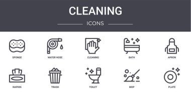 Temizlik konsepti simgeleri ayarlandı. Ağ, logo, su hortumu, banyo, peçete, tuvalet, paspas, tabak, önlük, temizlik gibi simgeler içerir